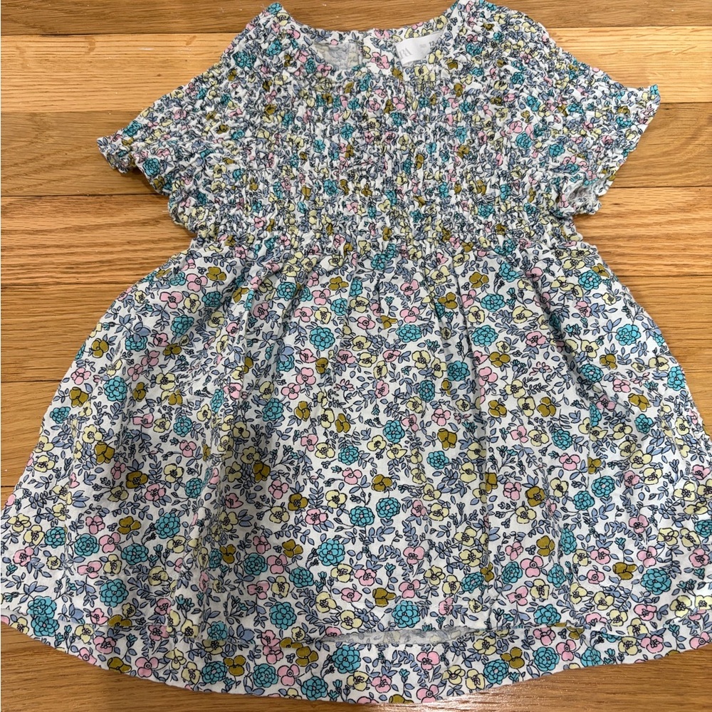 Zara White Floral Smocked Dress with Pink, Blue & Yellow Flowers